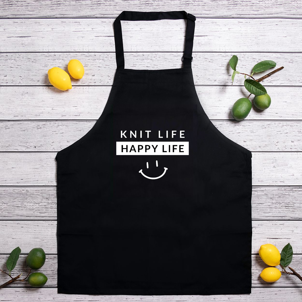 Classic Adjustable Kitchen Apron — “Knit Life. Happy Life.” | Full-Length Black Apron for Makers