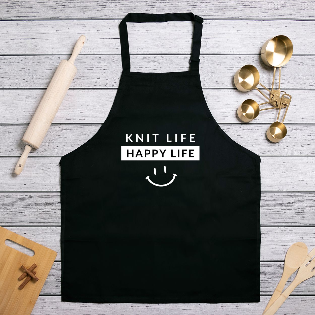 Classic Adjustable Kitchen Apron — “Knit Life. Happy Life.” | Full-Length Black Apron for Makers