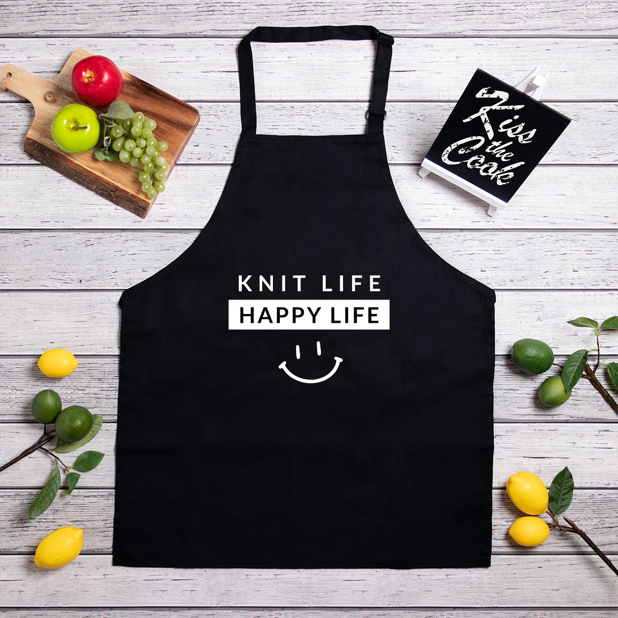 Classic Adjustable Kitchen Apron — “Knit Life. Happy Life.” | Full-Length Black Apron for Makers