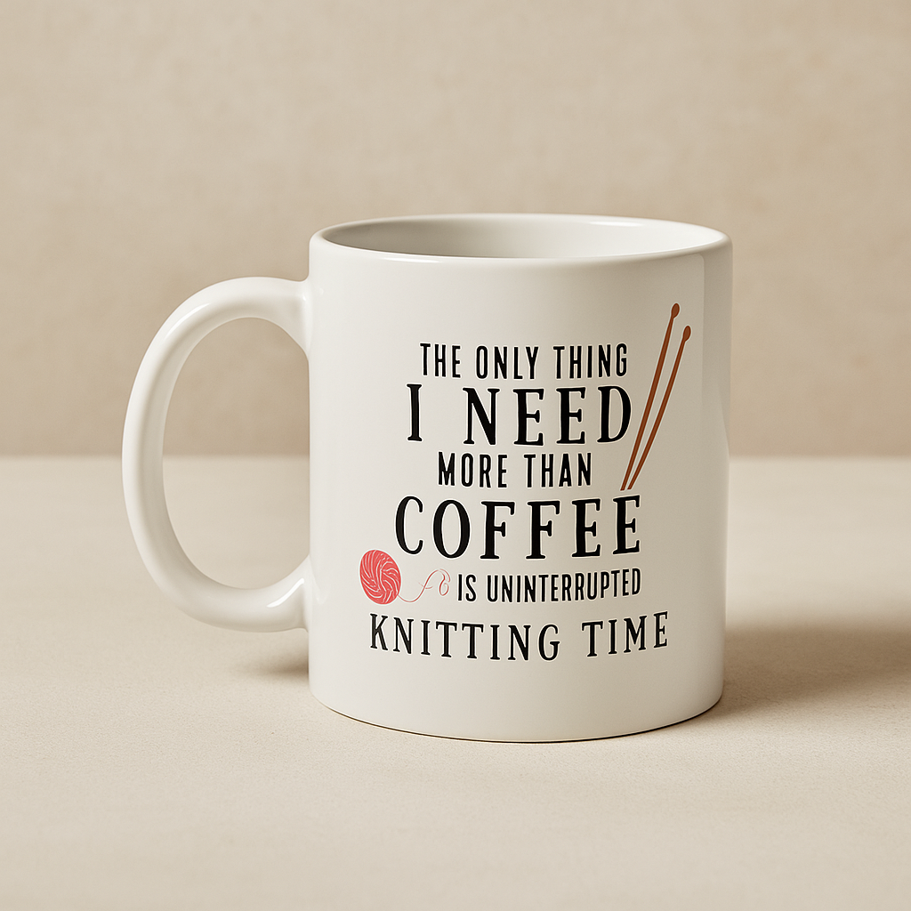 White mug with text 'The only thing I need more than coffee is uninterrupted knitting time' on a beige background