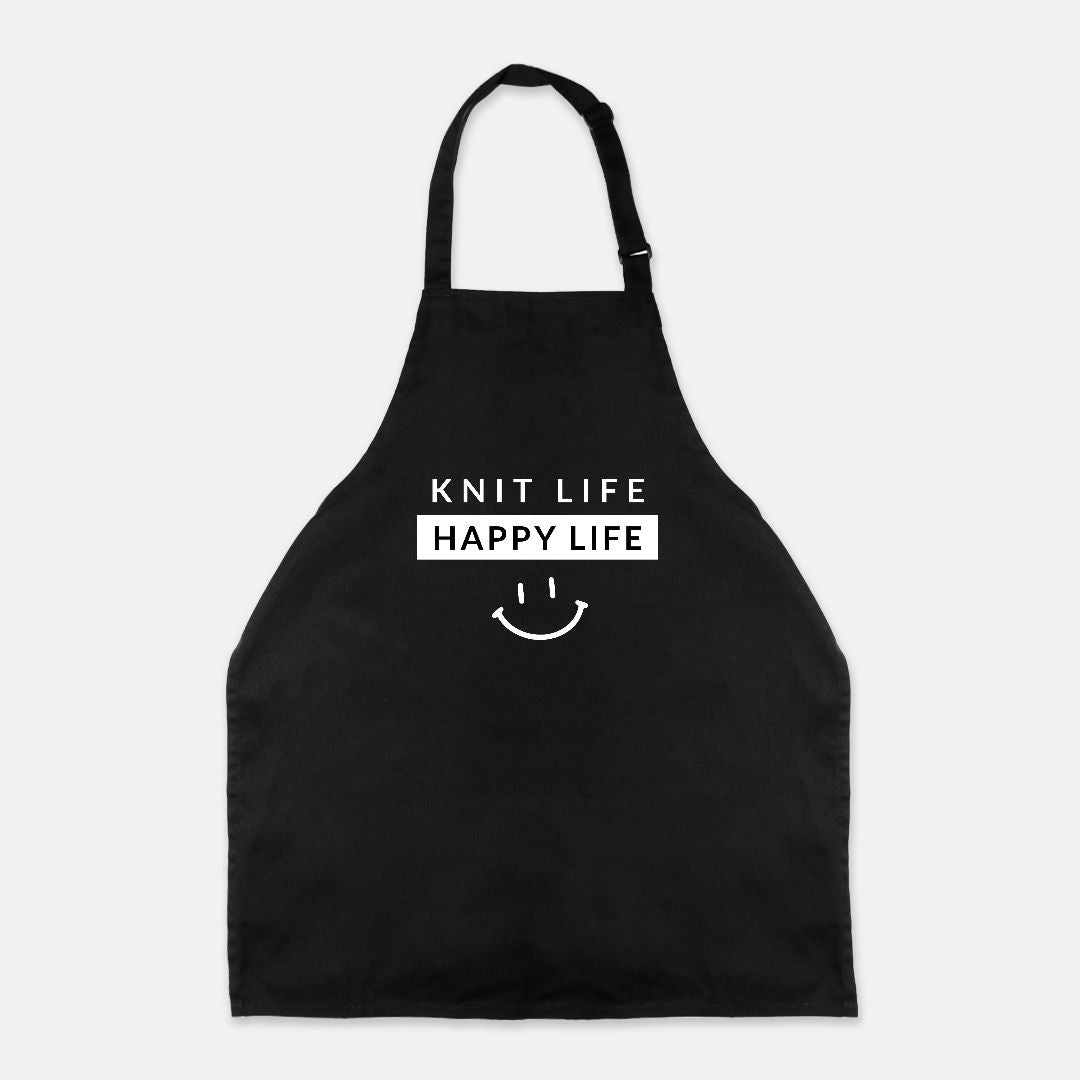 Classic Adjustable Kitchen Apron — “Knit Life. Happy Life.” | Full-Length Black Apron for Makers