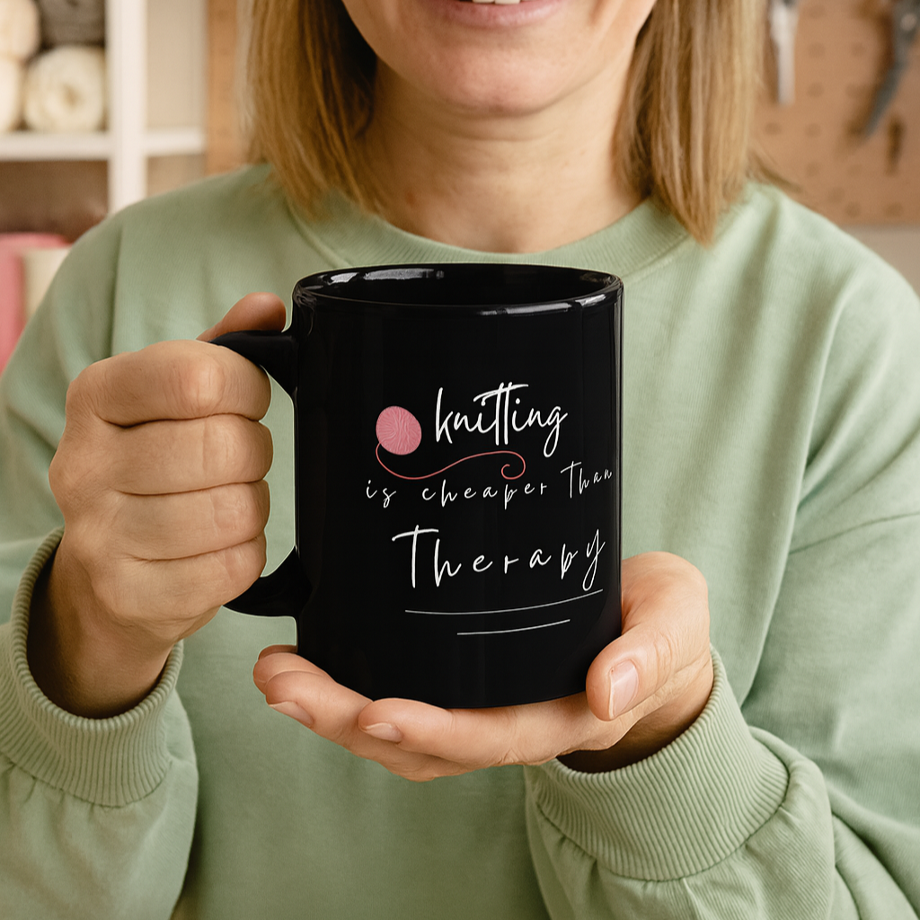 A woman holding a black mug with text in a casual setting. The mug says Knitting Is Cheaper Than Therapy in white letters with a graphic of a pink ball of yarn.