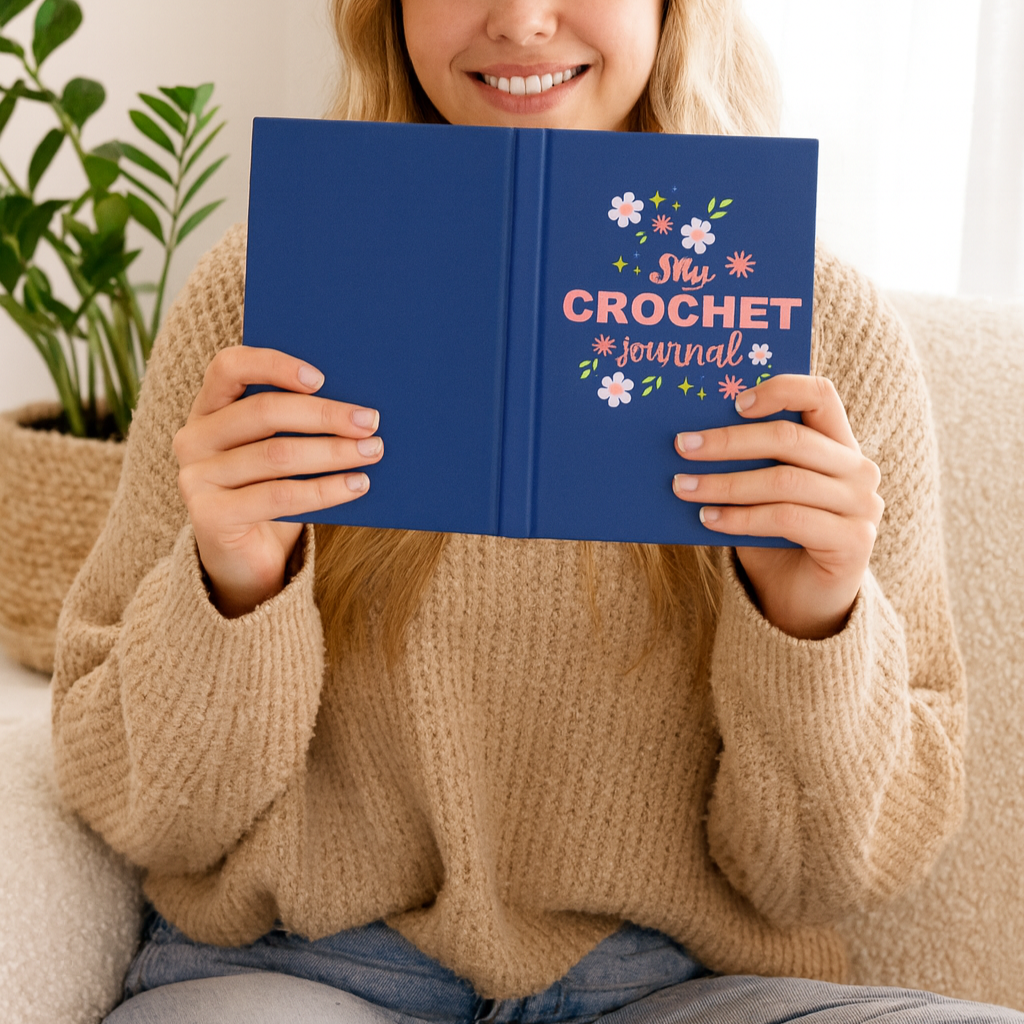 Woman holding a blue crochet journal with floral designs and text.