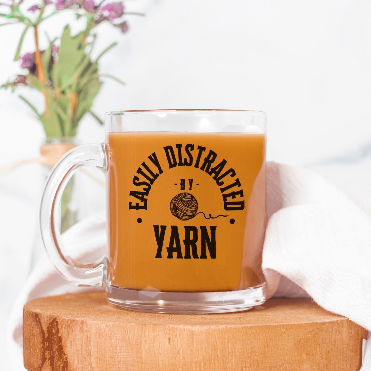 Easily Distracted by Yarn" Glass Mug 10oz Clear Coffee Cup for Knitters & Yarn Lovers Perfect Knitting Gift