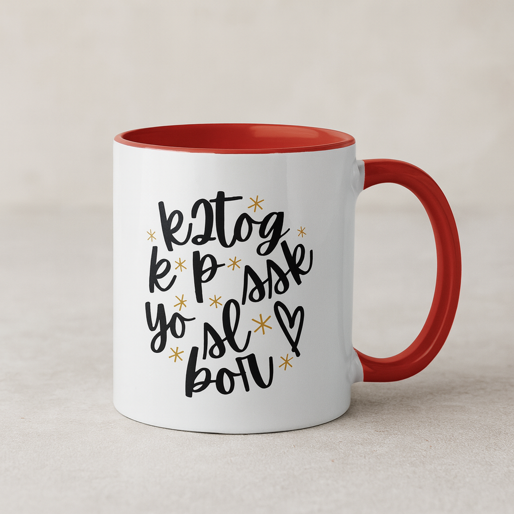 White mug with red interior and handle featuring black text on a light gray background. Knitting Enthusiast Mug for Yarn Lovers.