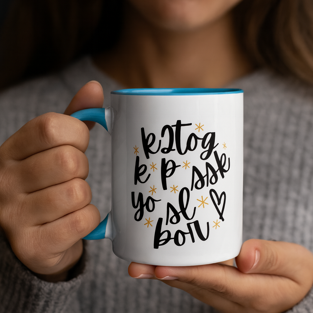Person holding a mug with text and decorative elements. The mug is white, with light blue handle and rim. Knitting Enthusiast Mug for Yarn Lovers.