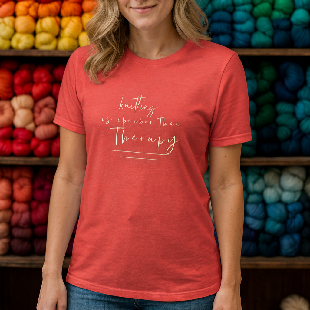 Woman wearing a red t-shirt with 'Knitting is superior than therapy' text in front of shelves with colorful yarn.