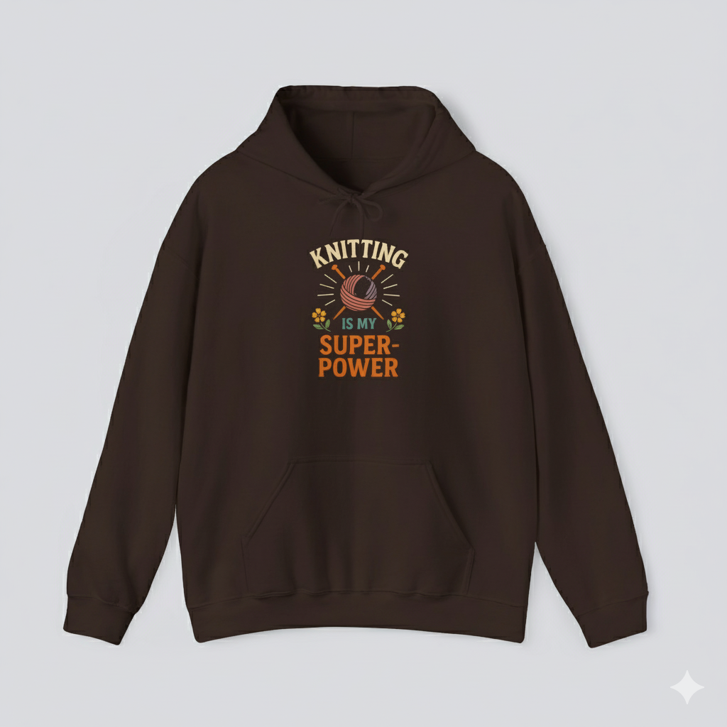 Brown hoodie with 'Knitting is my super power' text on a light gray background