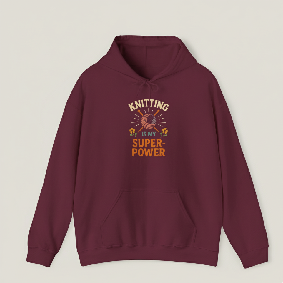 Maroon hoodie with 'Knitting is my Super Power' text on a light gray background