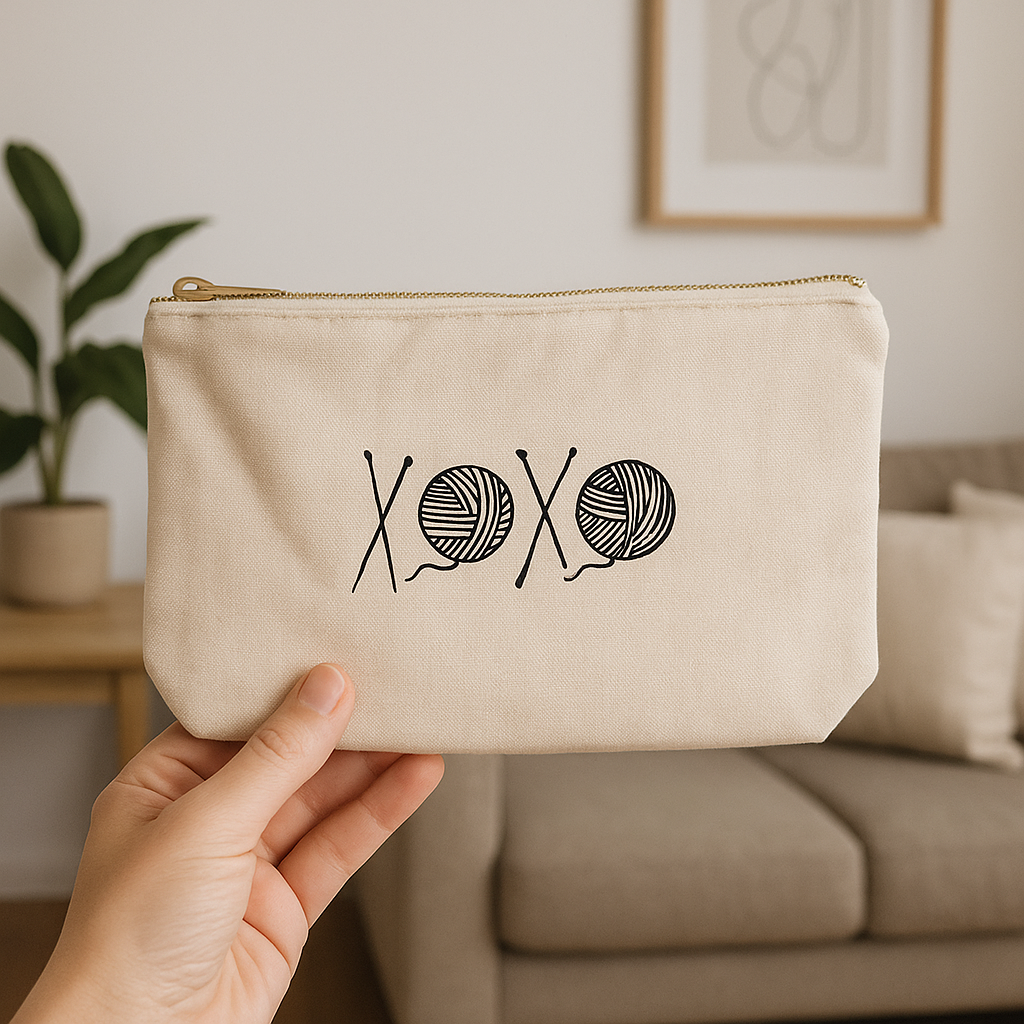 A hand holding a beige zippered canvas notions bag with a black "XOXO" design featuring knitting needles and yarn balls, shown in a cozy living room setting with a couch, potted plant, and framed artwork in the background.