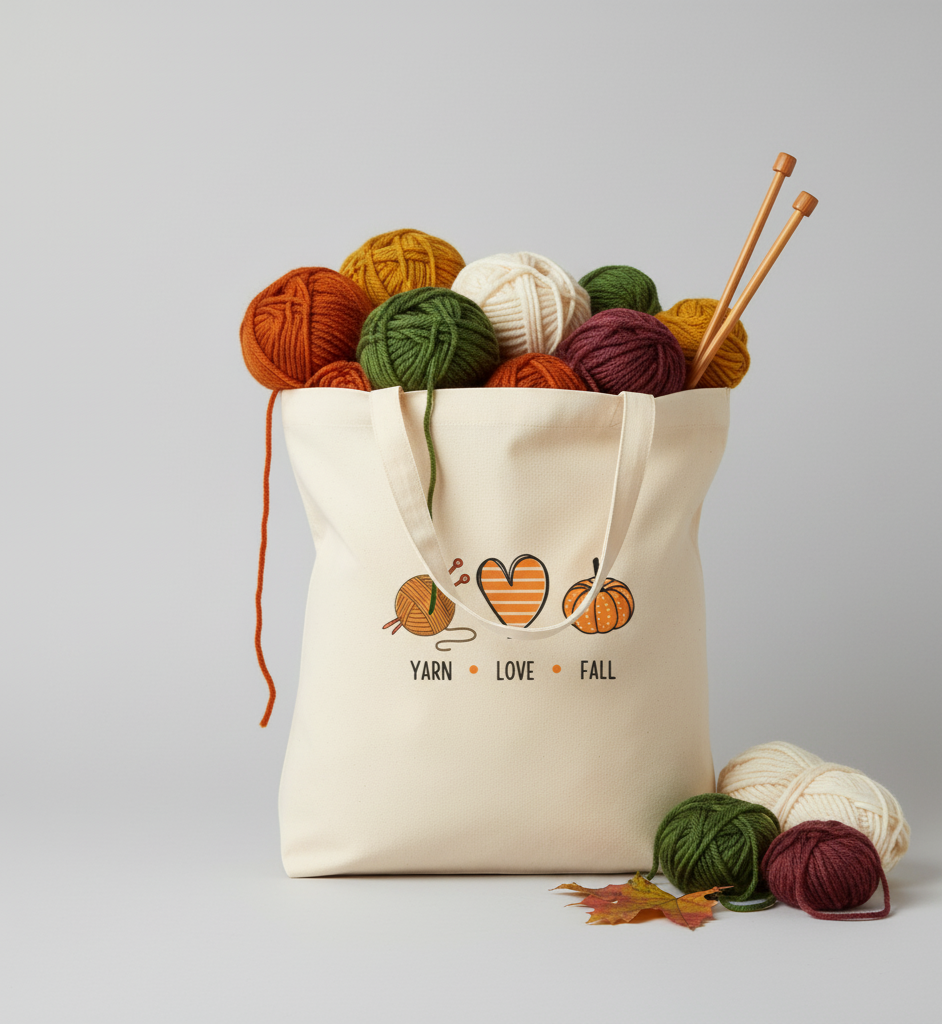 Tote bag with yarn and knitting needles on a light gray background. The print on the bag is orange color yarn and knitting needles, a striped heart and an orange pumpkin. Below that it says Yarn, Love, Fall.