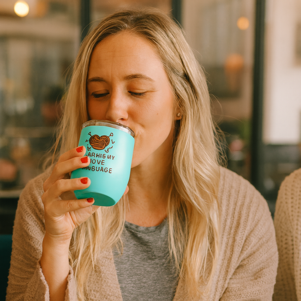 Woman drinking from a blue mug with a graphic design, surrounded by two other people in a casual setting.