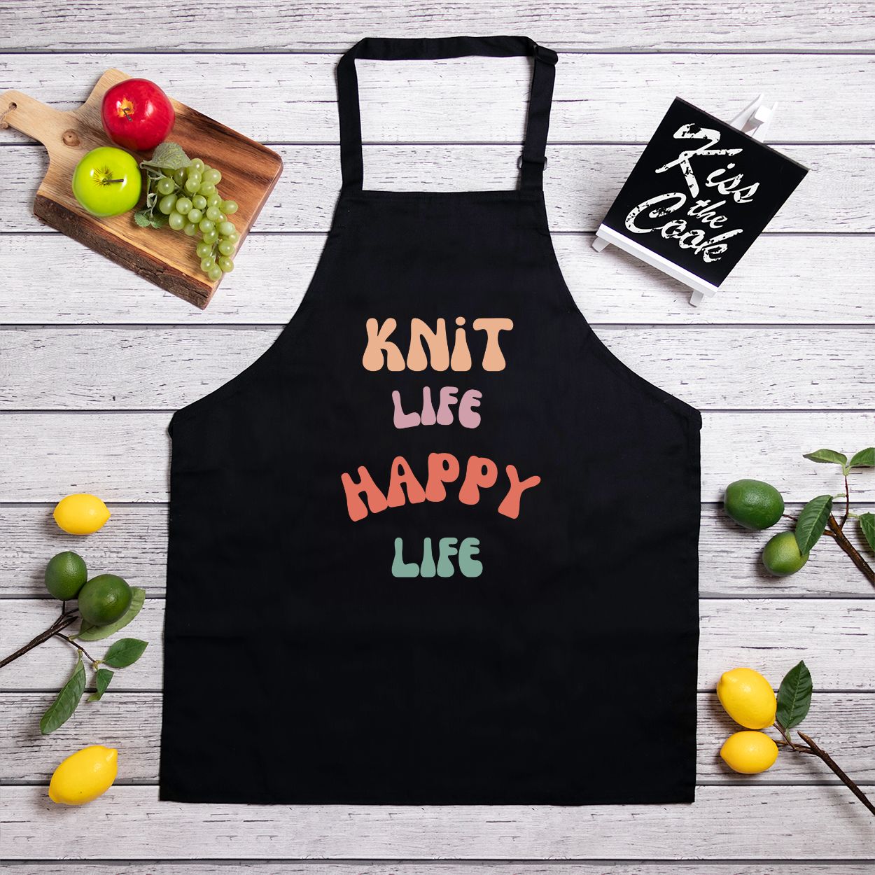 Classic Kitchen Apron Adjustable Neck Strap Full Length -Knit Life. Happy Life Colorful 70s Style