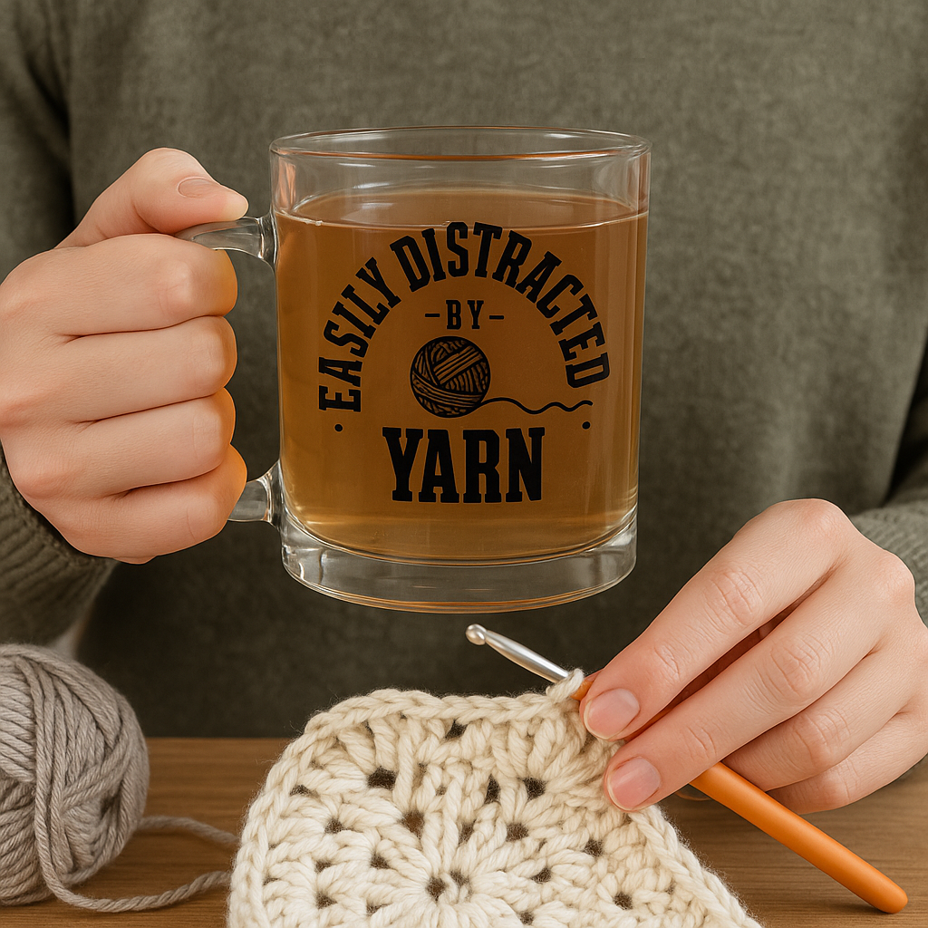 Person holding a mug with 'Easily Distracted by Yarn' text and working on a crochet project.