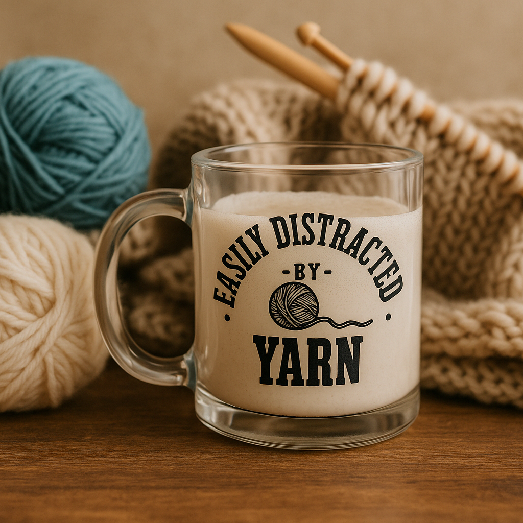 Glass mug with 'Easily Distracted by Yarn' text next to yarn balls and knitting needles on a wooden surface.