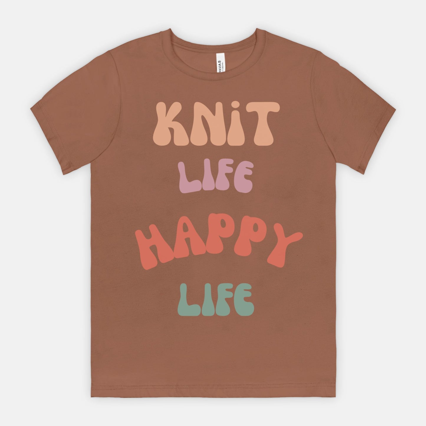 Colorful "Knit Life Happy Life" 70s Style Women T-shirt