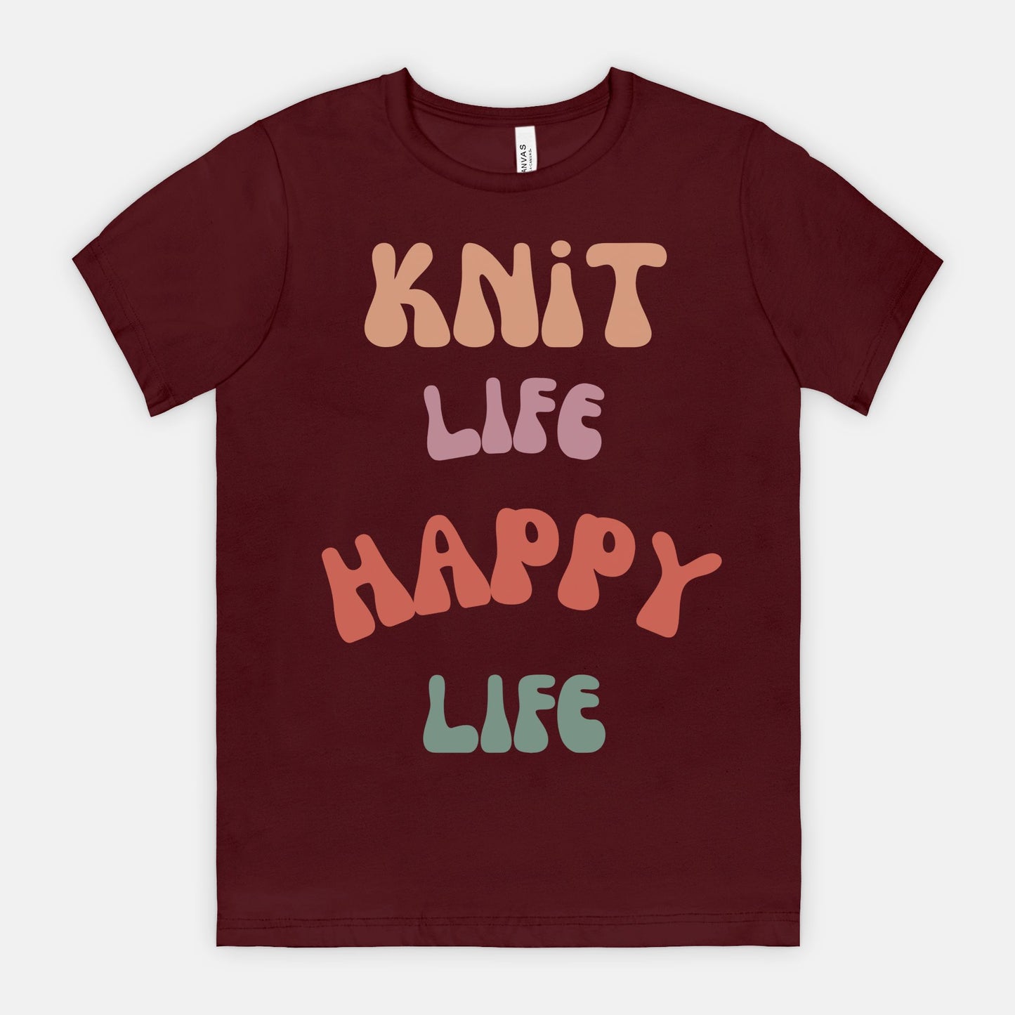 Colorful "Knit Life Happy Life" 70s Style Women T-shirt