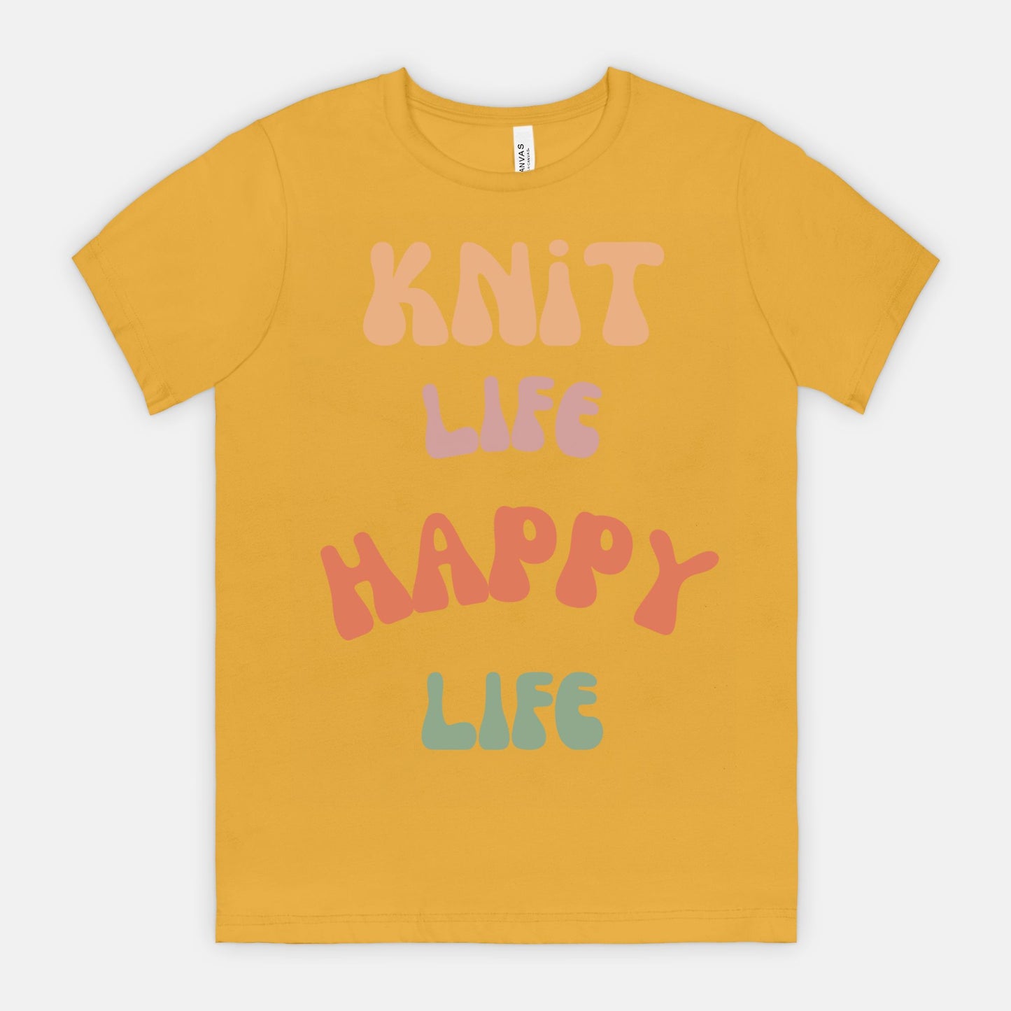 Colorful "Knit Life Happy Life" 70s Style Women T-shirt