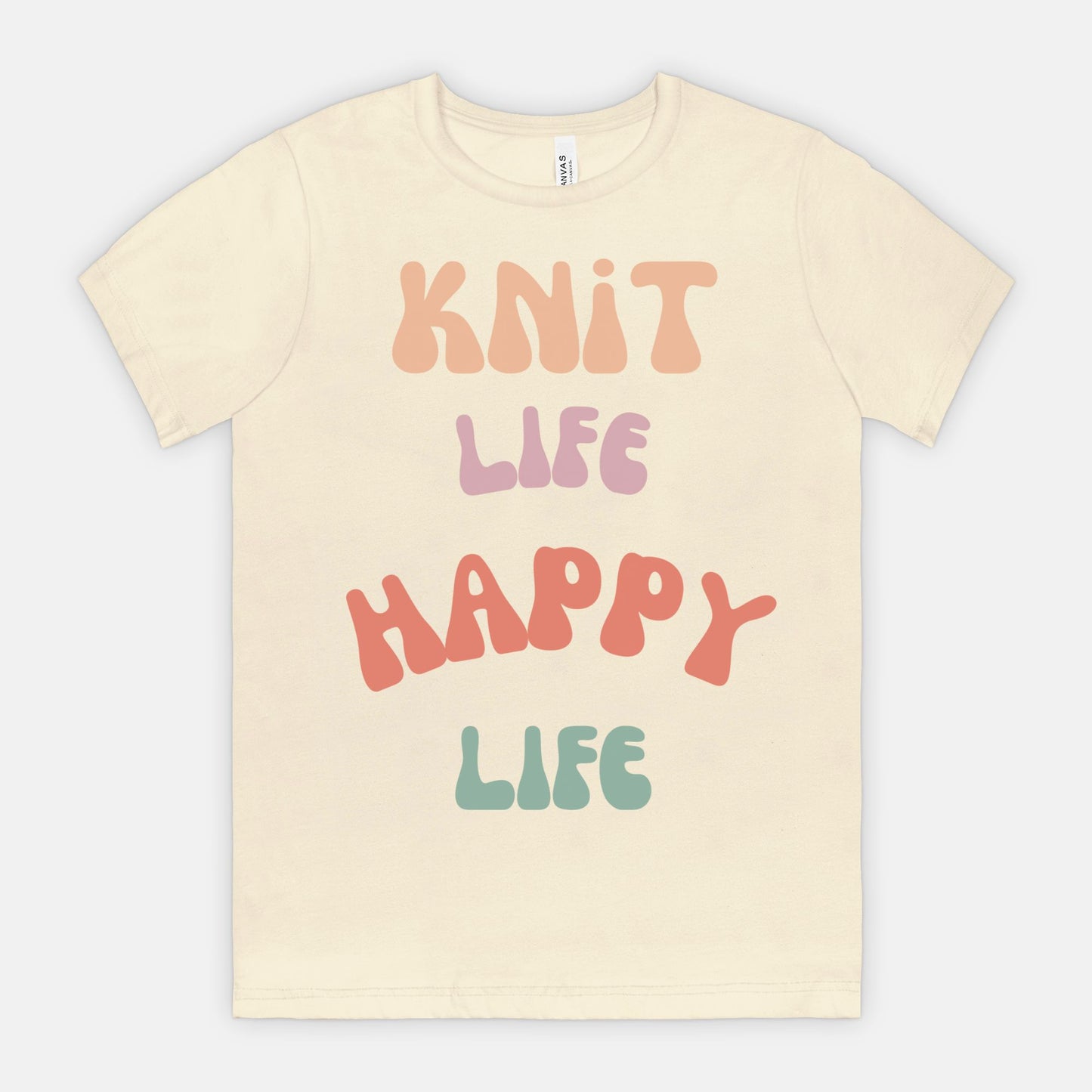 Colorful "Knit Life Happy Life" 70s Style Women T-shirt