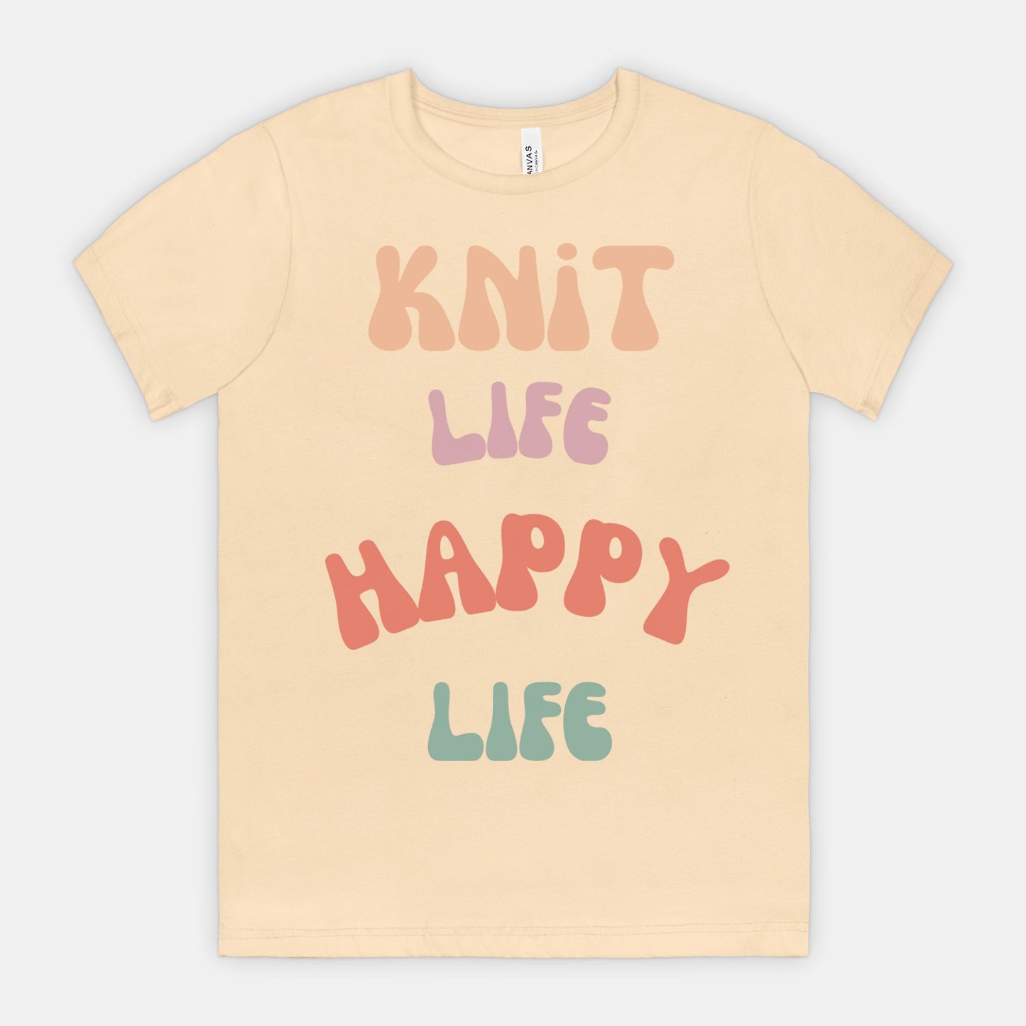 Colorful "Knit Life Happy Life" 70s Style Women T-shirt