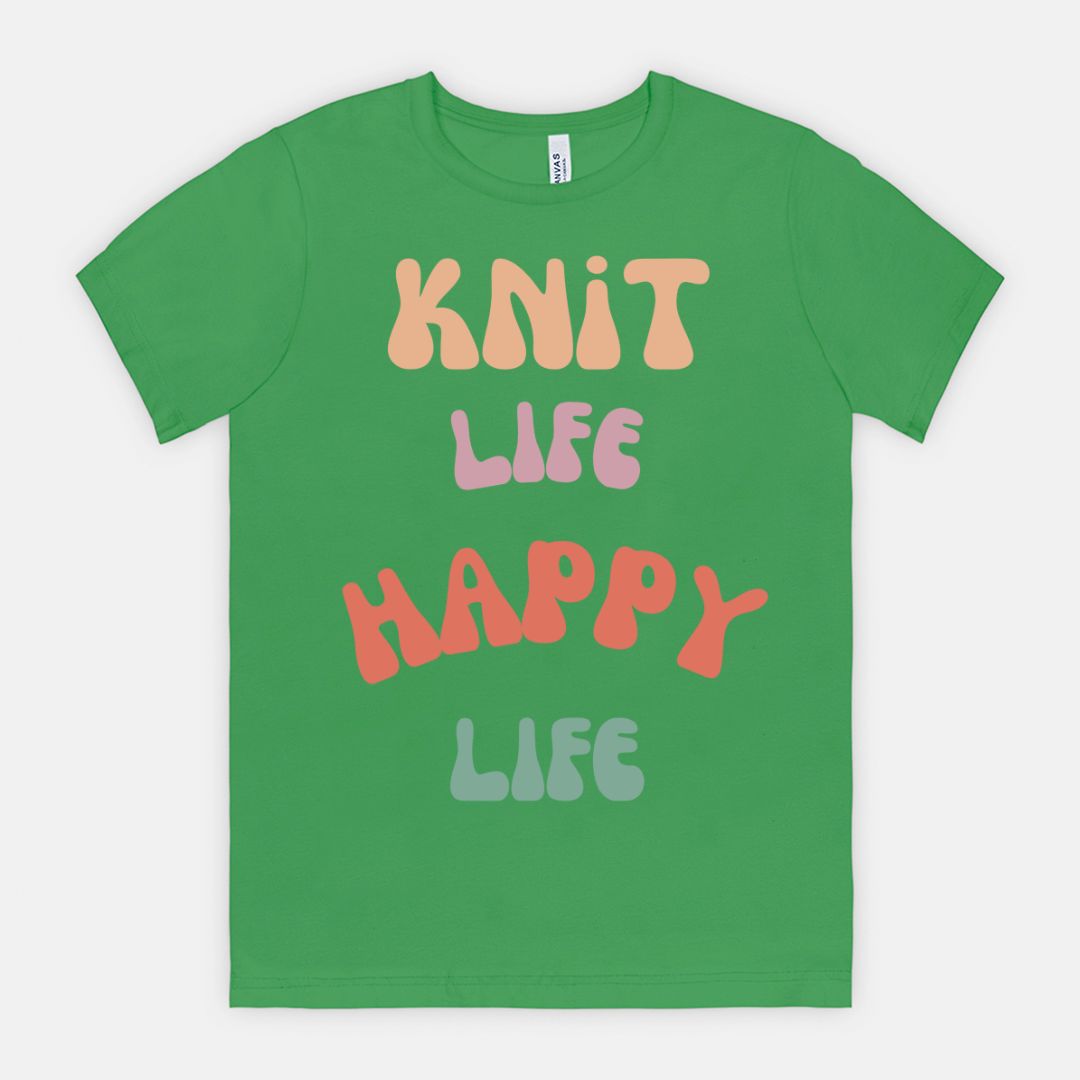 Colorful "Knit Life Happy Life" 70s Style Women T-shirt