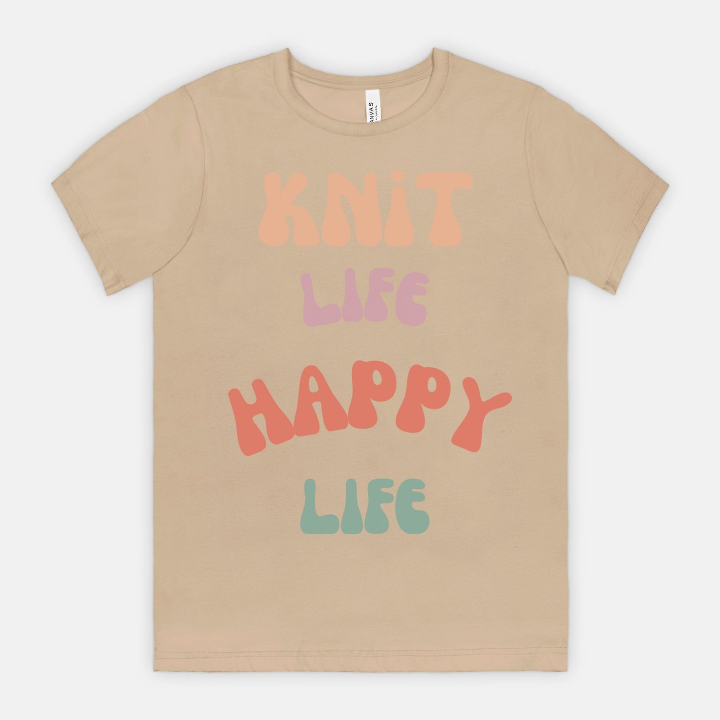 Colorful "Knit Life Happy Life" 70s Style Women T-shirt