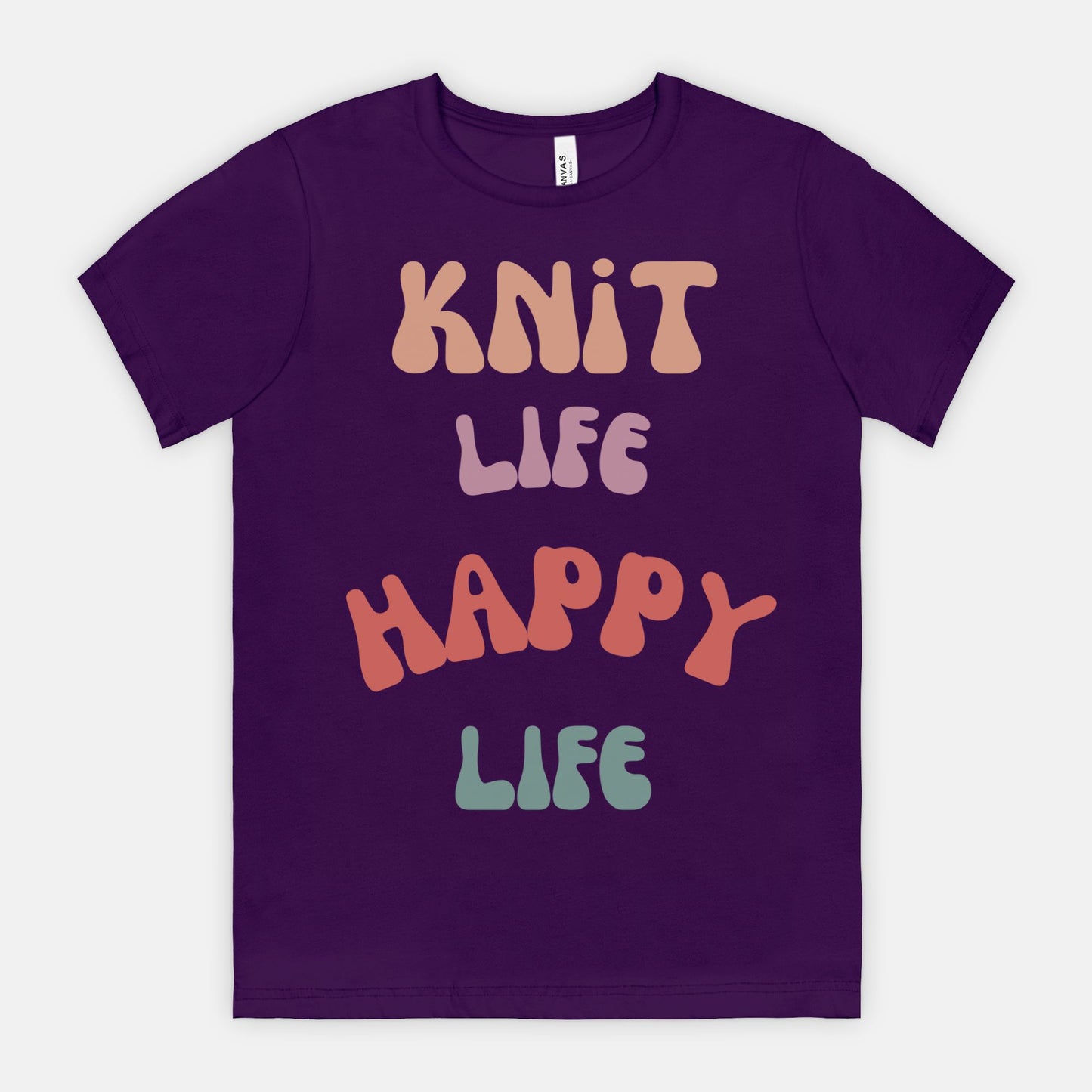 Colorful "Knit Life Happy Life" 70s Style Women T-shirt