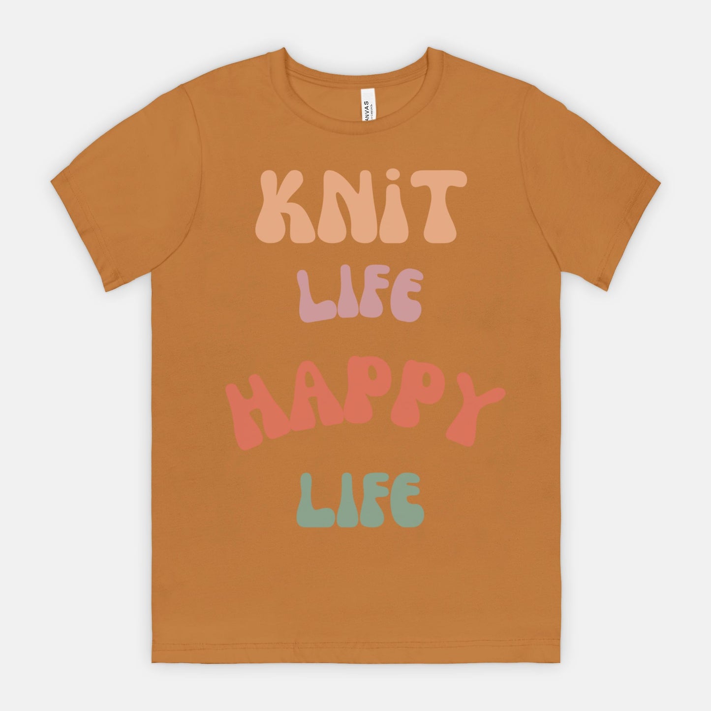 Colorful "Knit Life Happy Life" 70s Style Women T-shirt