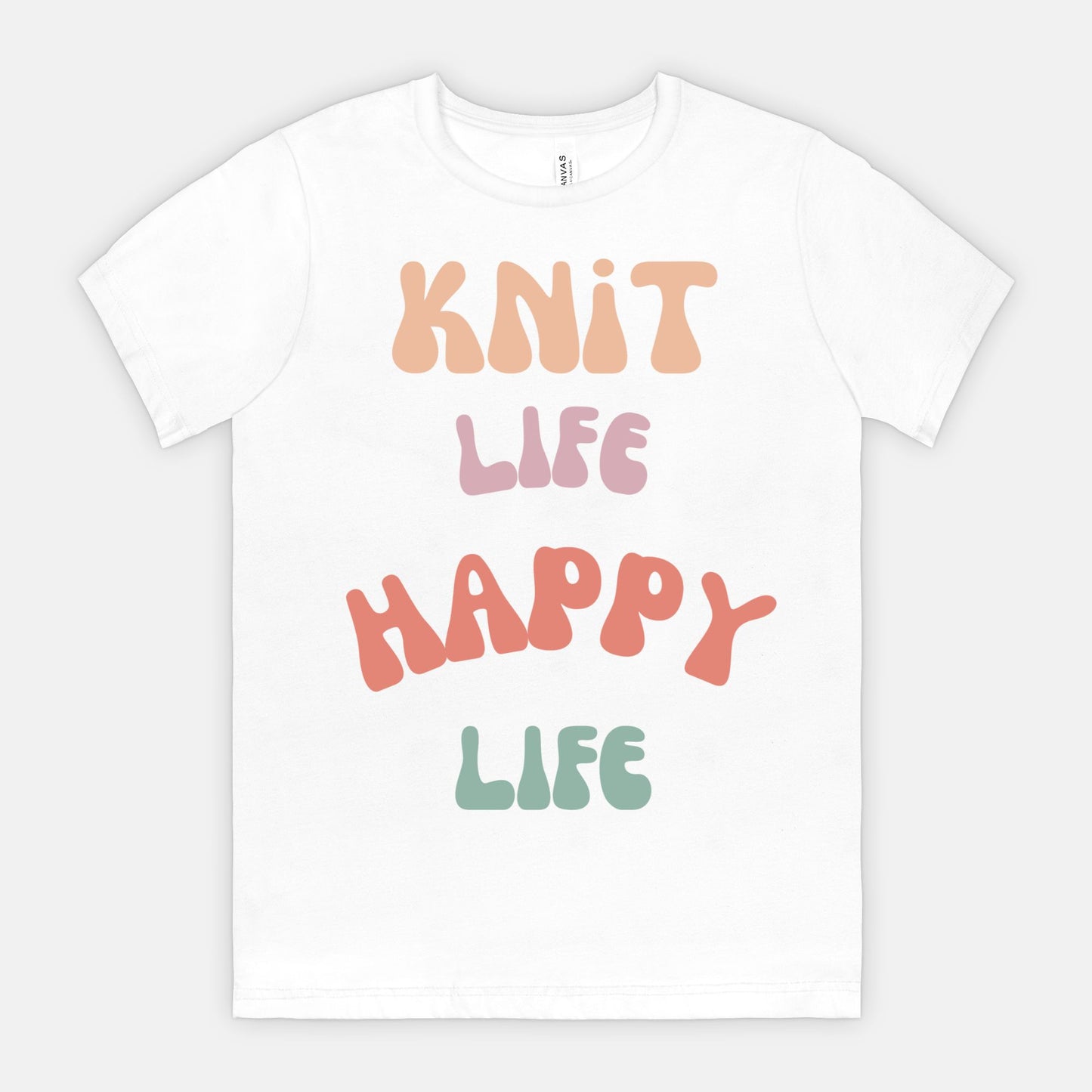 Colorful "Knit Life Happy Life" 70s Style Women T-shirt