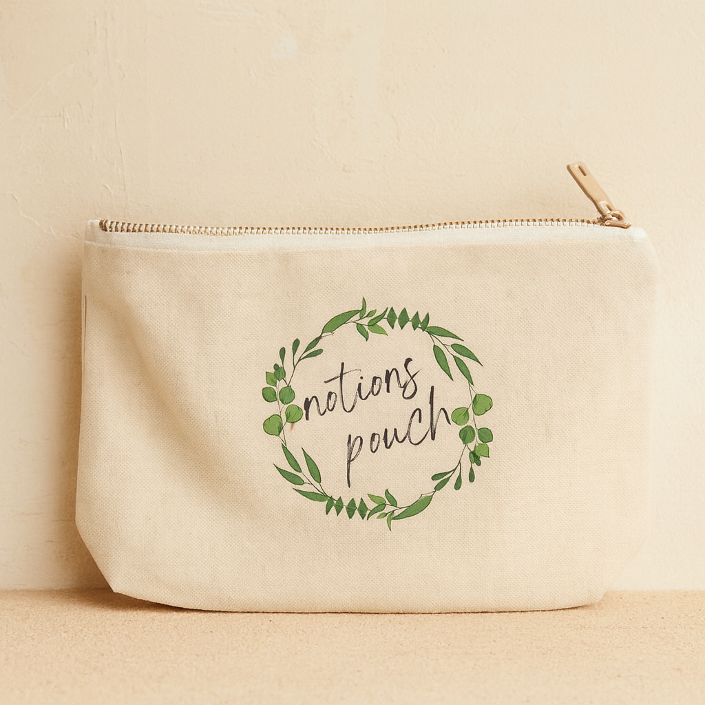 Beige pouch with ' notions pouch' text and green leaf design on a beige background