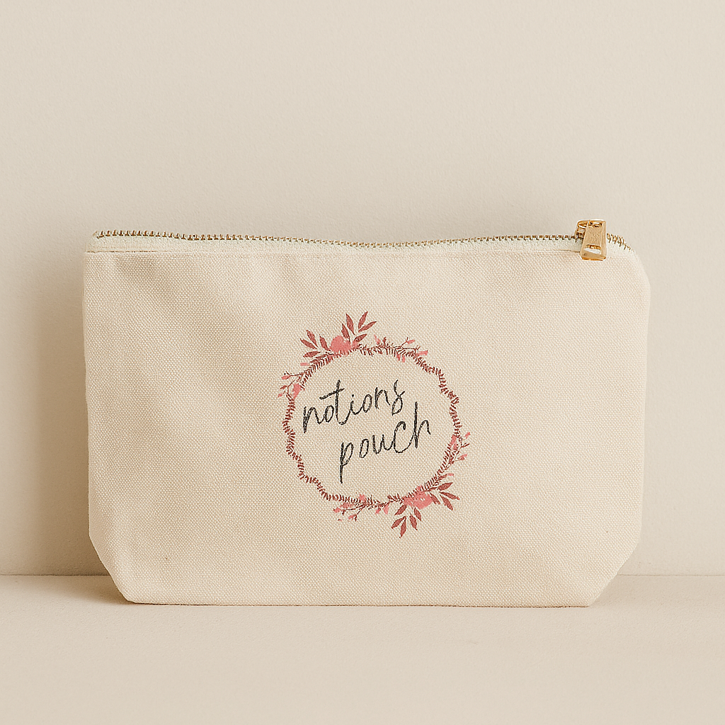 Beige pouch with floral design and text on a beige background
