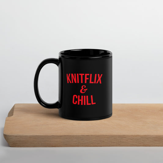 Knitflix and Chill Black Knitting Coffee Mug