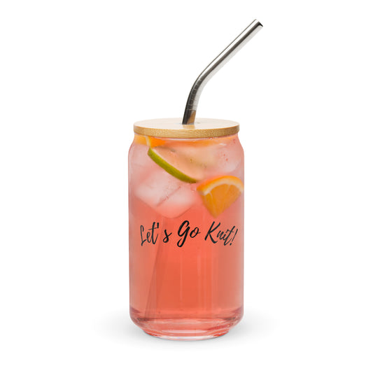 Let's Go Knit Can Shaped Glass with Bamboo Lid Metal Straw 16 oz