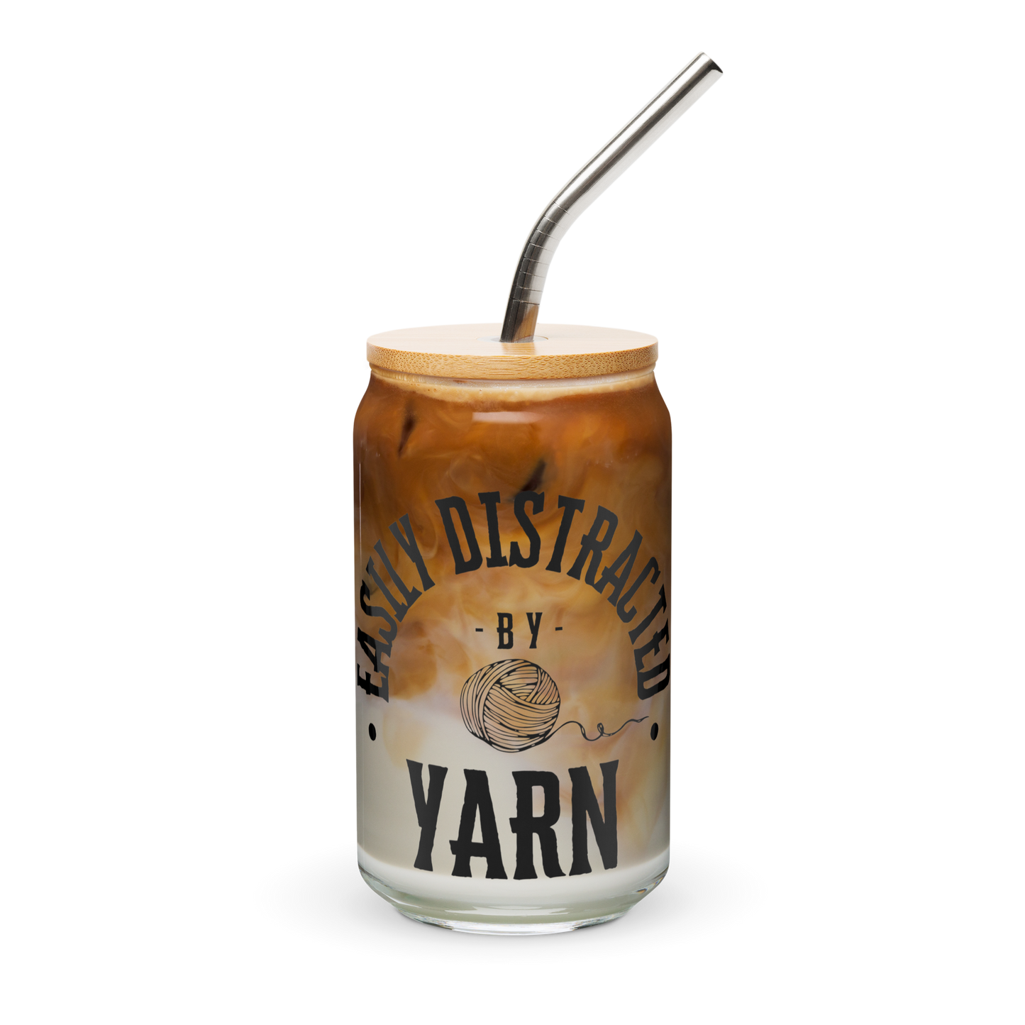 Distracted by Yarn Can Shaped Glass with Bamboo Lid Metal Straw 16 oz