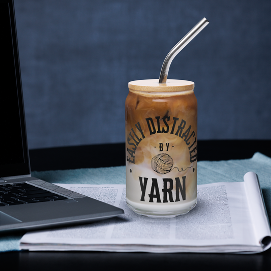 Distracted by Yarn Knitting Lover Glass Cup 16oz Can Shaped Glass with Bamboo Lid & Metal Straw