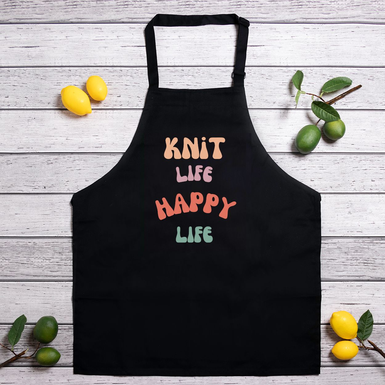 Classic Kitchen Apron Adjustable Neck Strap Full Length -Knit Life. Happy Life Colorful 70s Style