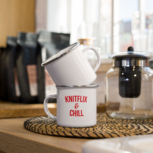 Knitflix and Chill Enamel Coffee Mug