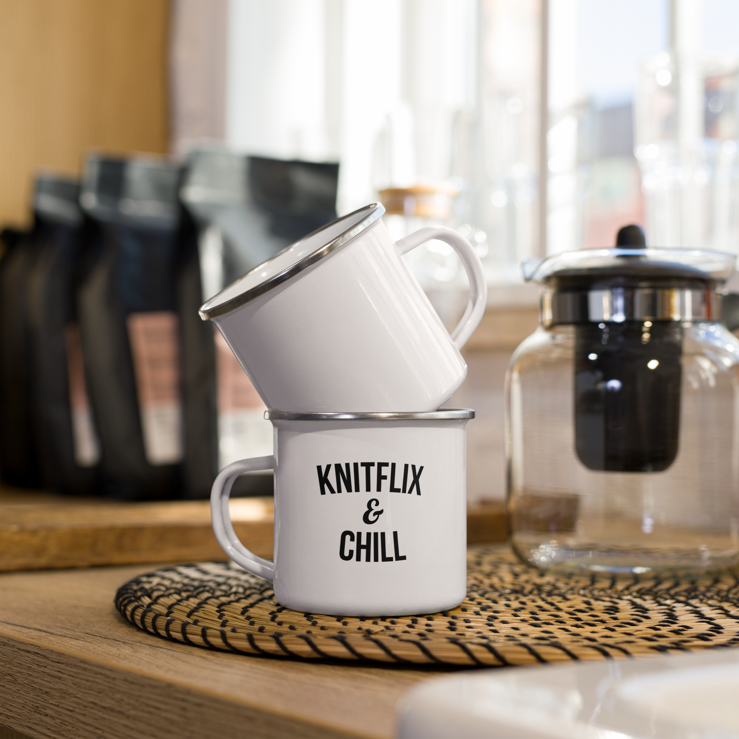 Knitflix and Chill Enamel Coffee Mug