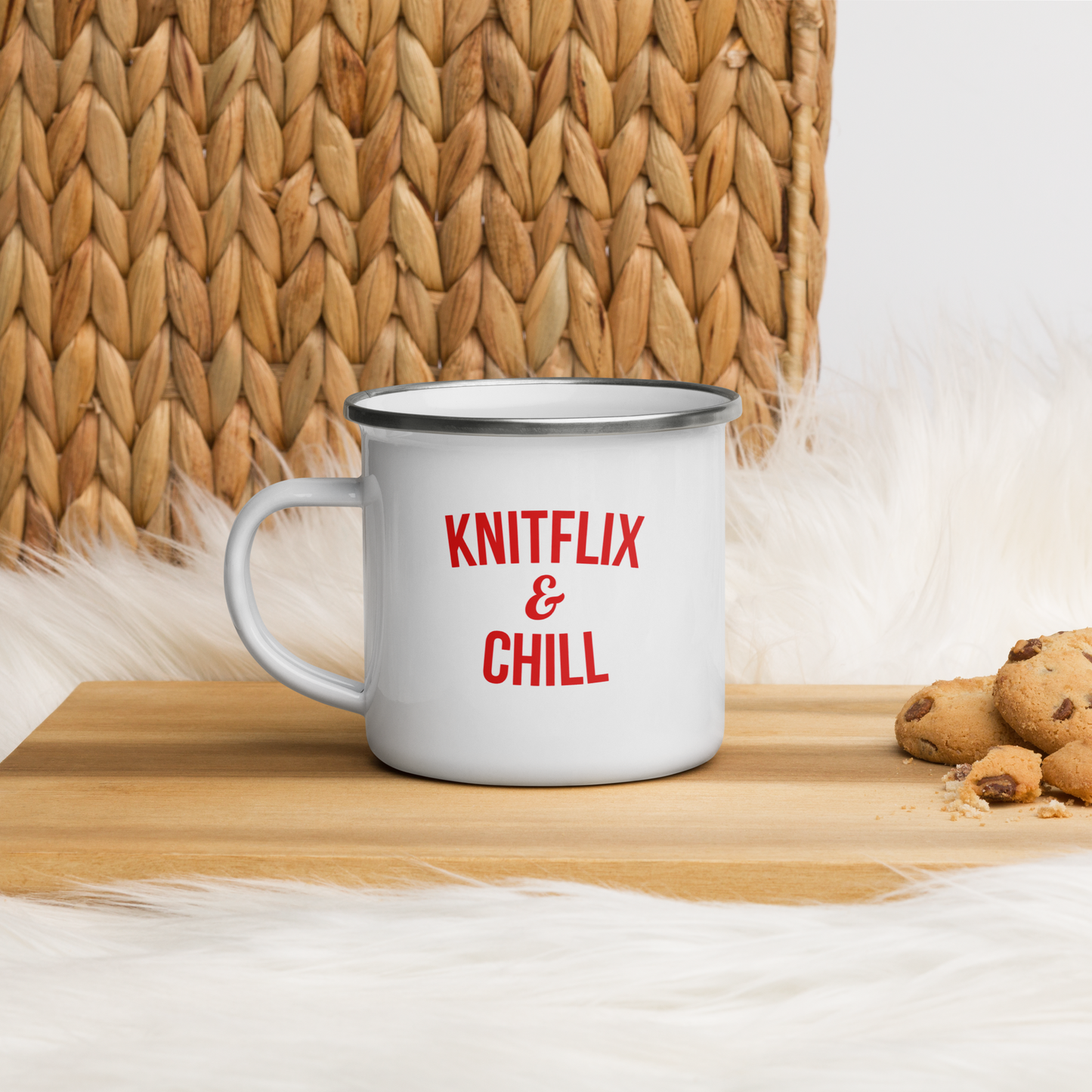 Knitflix and Chill Enamel Coffee Mug