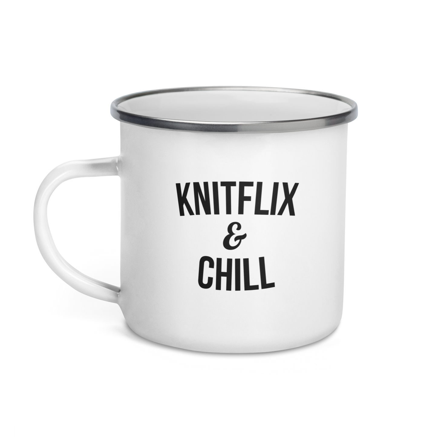 Knitflix and Chill Enamel Coffee Mug