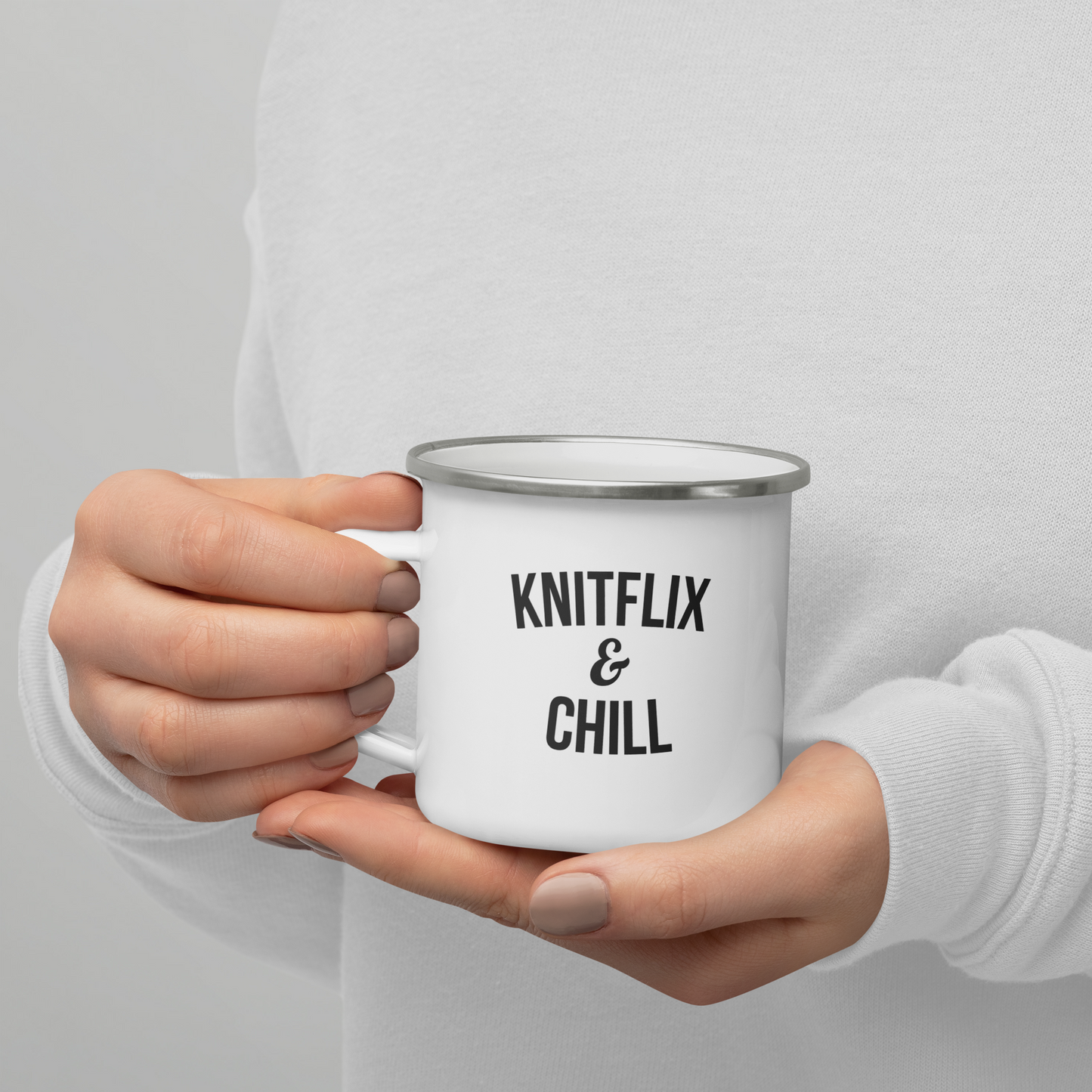 Knitflix and Chill Enamel Coffee Mug