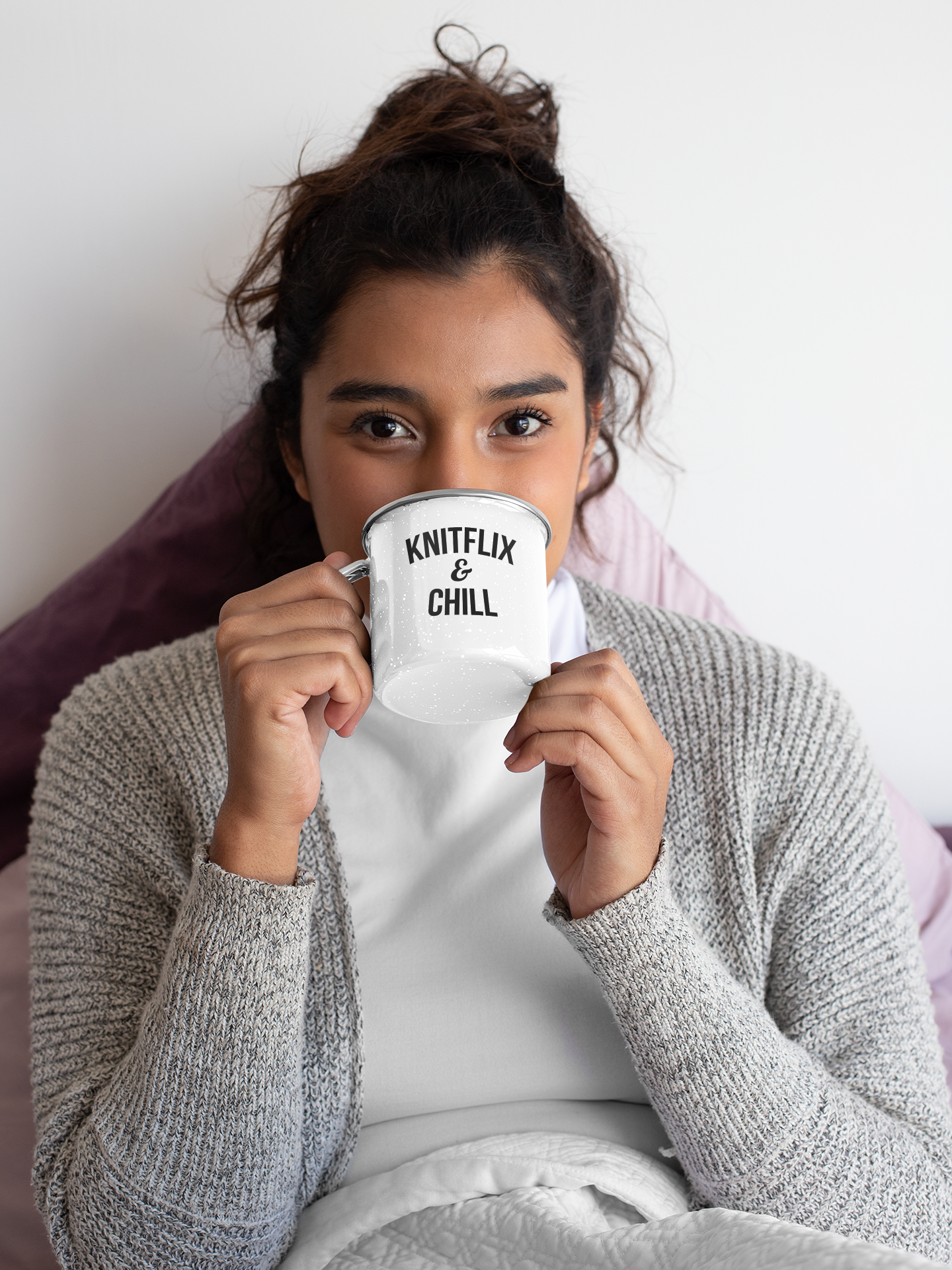 Knitflix and Chill Enamel Coffee Mug