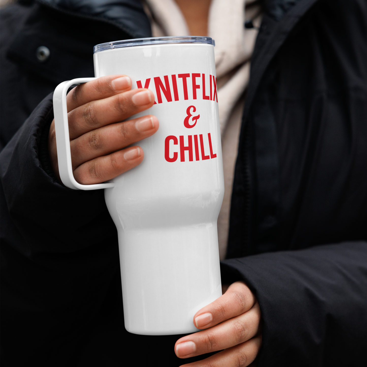 Knitflix and Chill Travel Tumbler with Handle