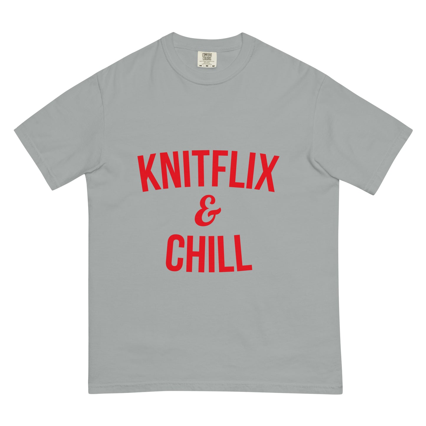 Cotton T-shirt - "Knitflix and Chill" Knitting Red Letters