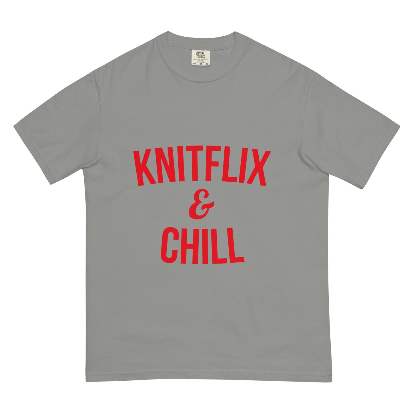 Cotton T-shirt - "Knitflix and Chill" Knitting Red Letters