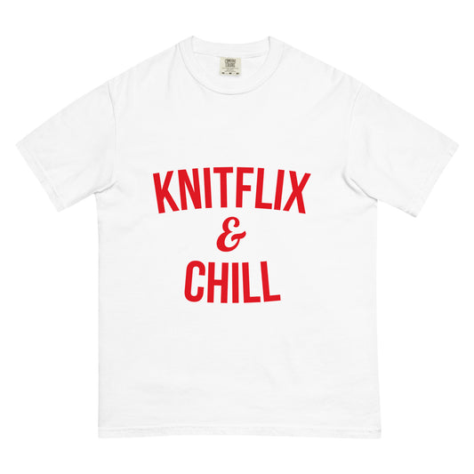 Cotton T-shirt - "Knitflix and Chill" Knitting Red Letters