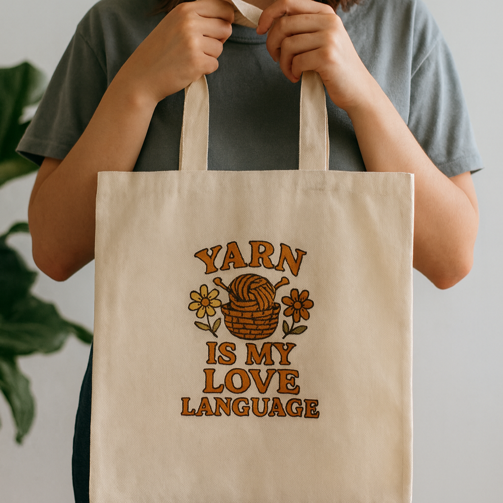 Person holding a natural color canvas tote bag with 'Yarn is my love language' text and design.